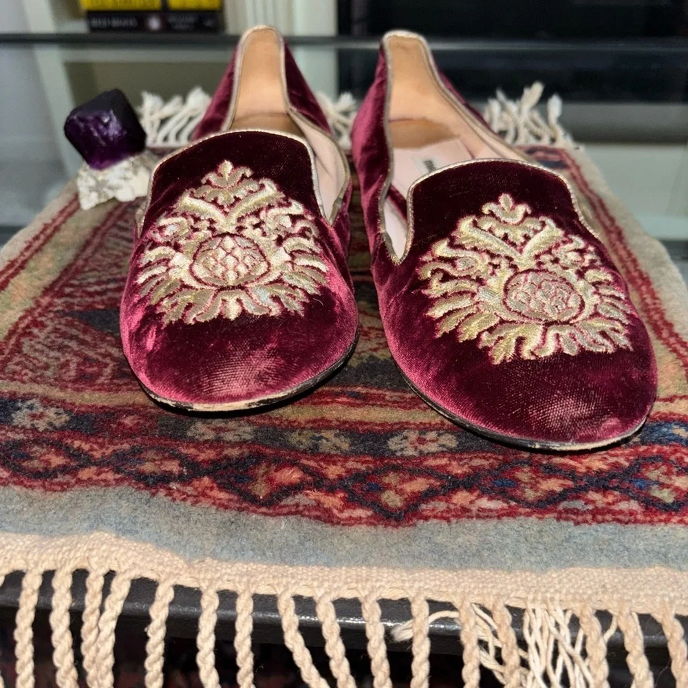 Miu Miu x Prada 👑✨ Vintage Burgundy Velvet Crest Smoking Slippers
